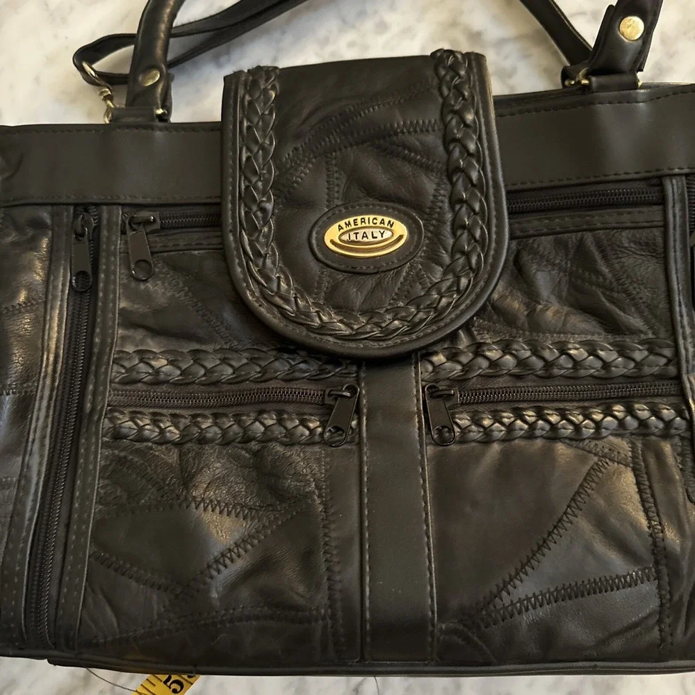 American Italy Black Leather Handbag Bag Purse Boho